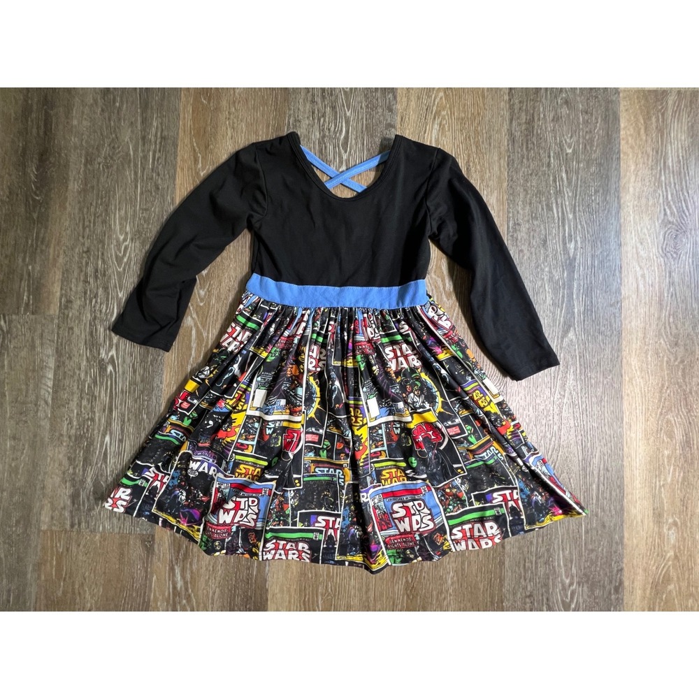Star Wars Comic Print Dress Kids 10 Black Blue Long Sleeve Cross Back Skirt